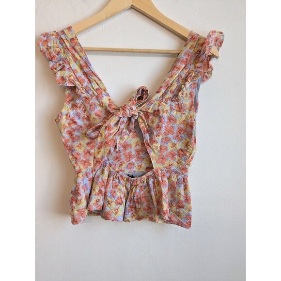 Lulus Peplum Top Flirtatious Blooms Multi Floral Ruffled Sleevelees Orange Sz S - Picture 8 of 10